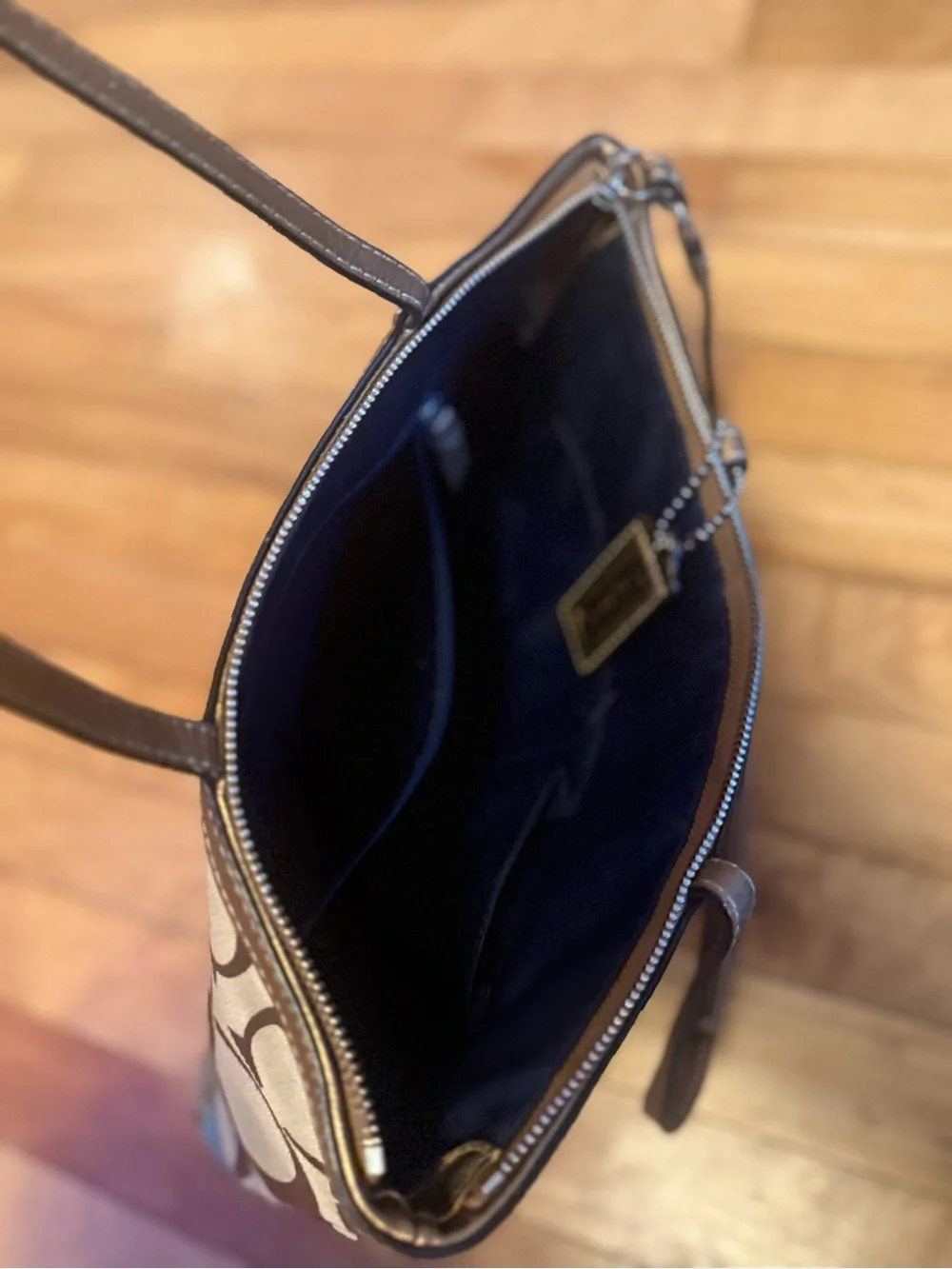 Coach Beige Signature Tote with Multicolor Patent Stripe
